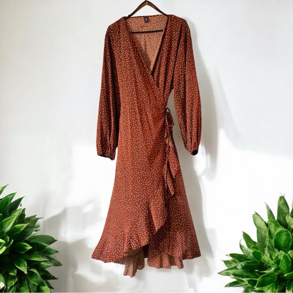 SHEIN Brown Polka Dot Asymmetrical Ruffled Wrap Dress
